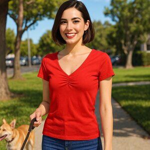 Boden Ruched V Neck Tshirt Red Orange Short Sleeve Size 6 Y2K Flirty Fitted